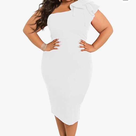 ⭐️mokoru women's sexy ruffle one shoulder sleeveless bodycon midi dress⭐️ - Picture 4 of 9